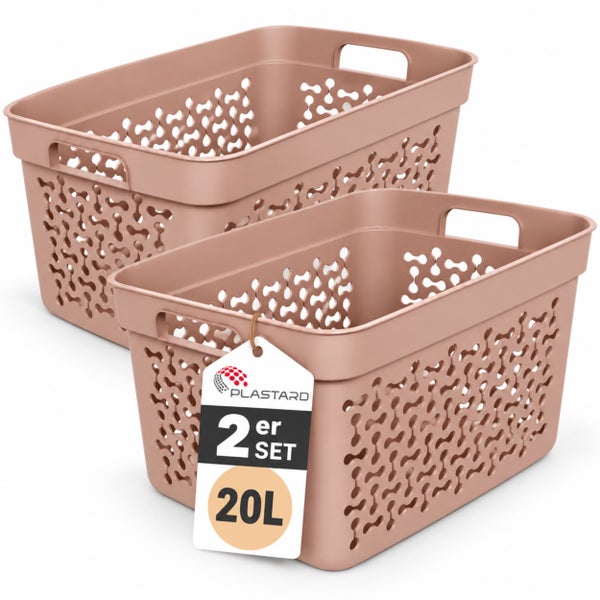 Set aus zwei Kunststoff Aufbewahrungskörben mit Griffen und Lochmuster, 20 Liter Fassungsvermögen, mit Plastard Logo Etikett