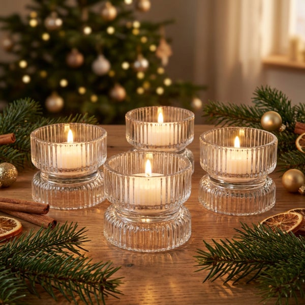 Drei Teelichthalter aus geriffeltem Glas auf einem Holztisch mit weihnachtlicher Dekoration aus Tannenzweigen und Weihnachtskugeln.