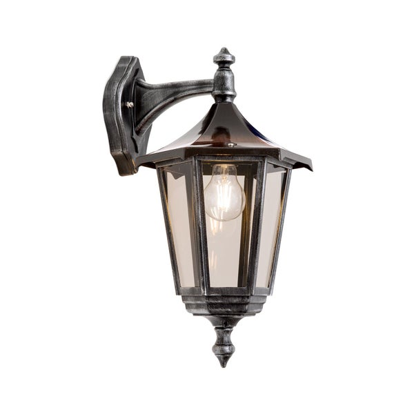 Klassische Außenwandleuchte aus Metall und Glas im Laternen-Stil mit antikem Finish.