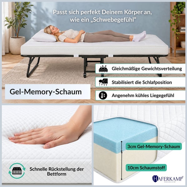 Klappbett mit Gel Memory Schaum Matratze und Haferkamp Logo. Die Darstellung zeigt die Liegeeigenschaften und den Schichtaufbau der Matratze.