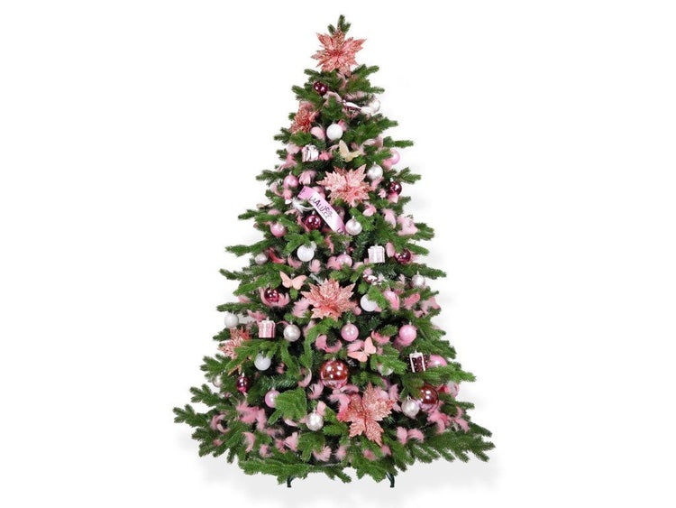 Geschmückter künstlicher Weihnachtsbaum mit Weihnachtskugeln, Schleifen und Deko-Elementen für eine festliche Dekoration.