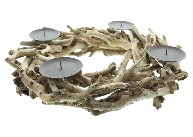 FRANK FLECHTWAREN | Adventskranz Treibholz, Ø 40 x 11 cm, TREIBHOLZ, METALL