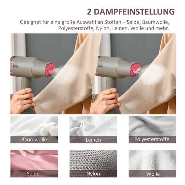 HOMCOM Dampfglätter Dampfbürste Steamer Reisebügeleisen faltbar Kleidung Hemden Dampfbügeleisen mit 160 ml Wassertank 1520 W schnelles Aufheizen Aluminium Kunststoff Grau+Rosa 27,5 x 18,2 x 9 cm