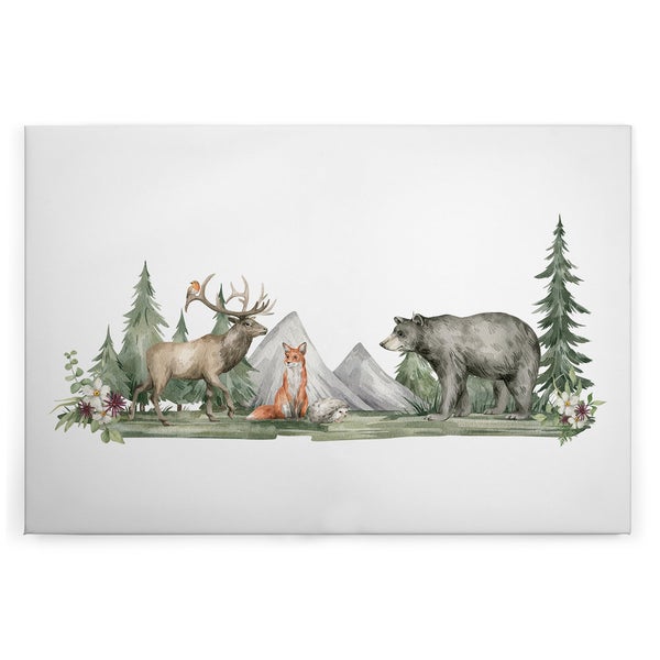Leinwandbild mit Aquarellillustration von Waldtieren wie Hirsch, Fuchs, Igel und Bär vor einer Berglandschaft und Tannen.