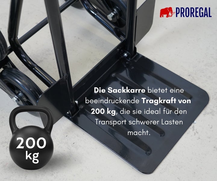 Proregal Logo. Sackkarre aus Metall mit einer Tragkraft von 200 Kilogramm für den Transport schwerer Lasten.