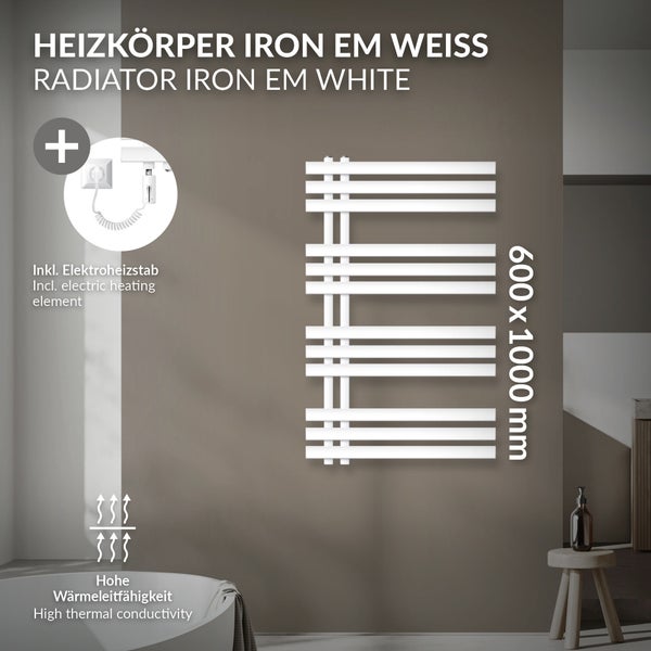 LuxeBath Elektrischer Badheizkörper Iron EM 600x1000 mm Weiß + Heizstab 300W mit Thermostat Touchbedienung, Handtuchheizkörper mit Heizpatrone, Elektro Handtuchwärmer Paneelheizkörper Designheizkörper