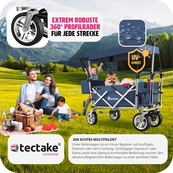 Bollerwagen tectake Nico inklusive Tragetasche, Belastbarkeit 80 kg faltbar, mit Dach blau
