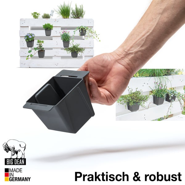 BigDean 8er Set Mini Paletten Blumenkästen - Einsatz - mit Hängesystem zum Einhängen - 10cm klein anthrazit - Pflanzkasten für Europalette Balkonkasten Blumentopf - aus recyceltem PP-Kunststoff
