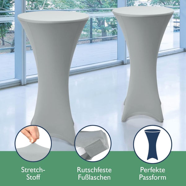 Zwei Stehtischhussen aus Stretchstoff mit rutschfesten Fußlaschen für eine perfekte Passform