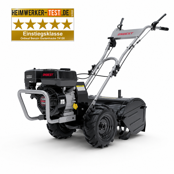 ONBEST T4150 Benzin Gartenhacke mit Heckfräse, Ackerstollenreifen und ONBEST Logo. Heimwerker-Test Einstiegsklasse fünf Sterne.