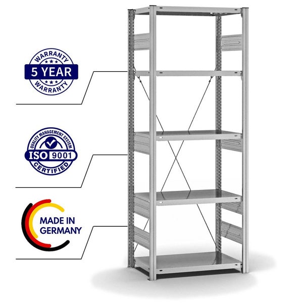 PROREGAL Fachbodenregal Stecksystem T-Profil Heavy-Duty Grundregal HxBxT 200 x 75 x 40 cm 5 Ebenen Fachlast 300 kg Einseitig Nutzbar Verzinkt