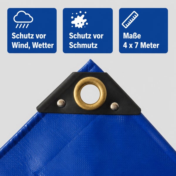 Abdeckplane mit verstärkter Ecke und Metallöse, Maße 4 mal 7 Meter, Schutz vor Wetter und Schmutz.