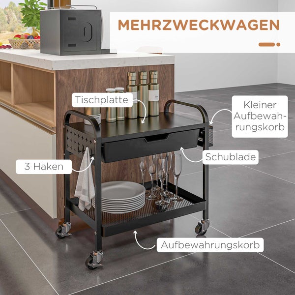 HOMCOM Servierwagen, Rollwagen mit 1 Schublade, 1 Ablage, Aufbewahrungswagen Beistellwagen mit Haken, Küchenwagen für Küche, Wohnzimmer, Stahl, Schwarz