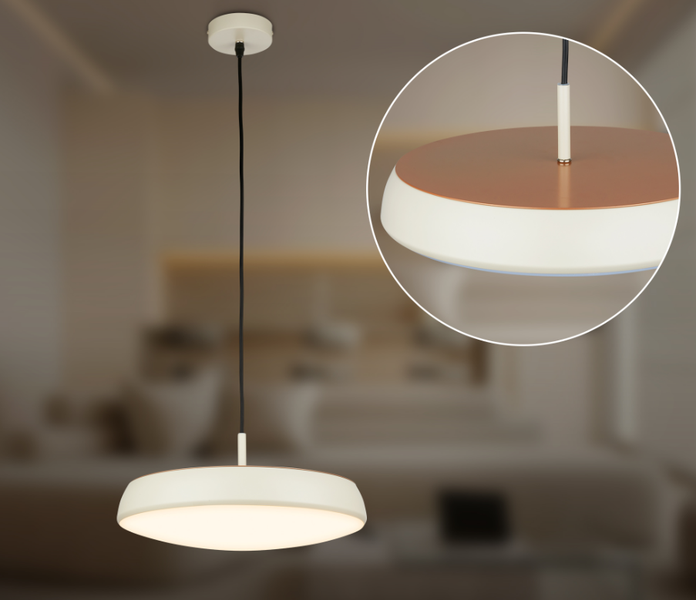 Moderne LED Pendelleuchte mit rundem Schirm, metallisch akzentuiert, inklusive Deckenbefestigung und Kabel, geeignet für verschiedene Wohnräume.