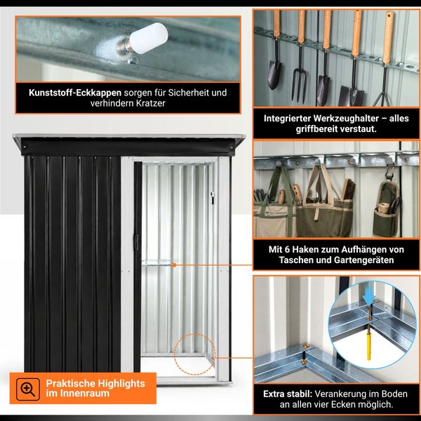 Innenausstattung eines Metallgerätehauses mit Kunststoff Eckkappen, integriertem Werkzeughalter, Aufhängehaken und Bodenverankerung.