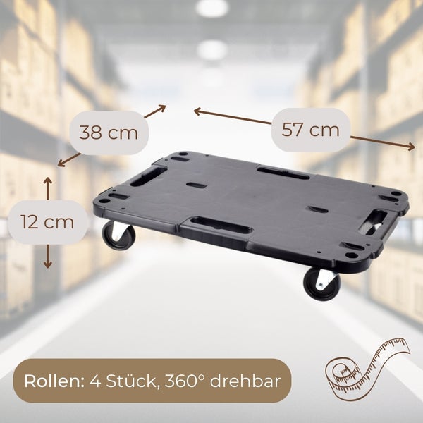 Möbelroller mit den Maßen 57 mal 38 Zentimeter und 12 Zentimeter Rollendurchmesser mit vier 360 Grad drehbaren Rollen