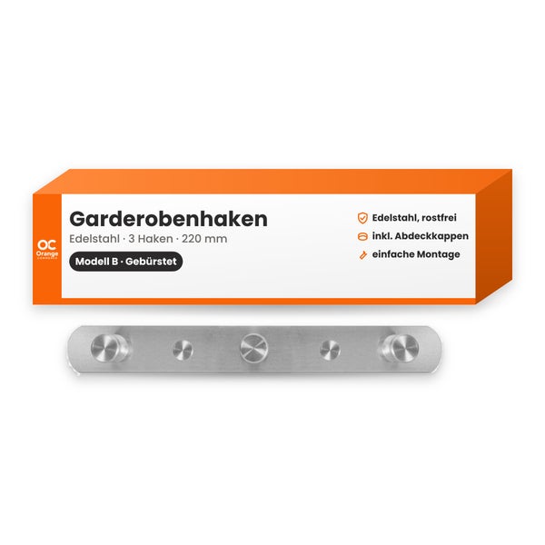 Garderobenhaken Modell B aus rostfreiem Edelstahl mit drei Haken, 220 Millimeter lang, inklusive Abdeckkappen für eine einfache Montage.