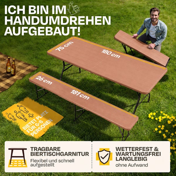 Tragbare Biertischgarnitur, Tisch 180 mal 75 Zentimeter, zwei Bänke 181 mal 26 Zentimeter, wetterfest, schnell aufgebaut, für 6 bis 8 Personen.