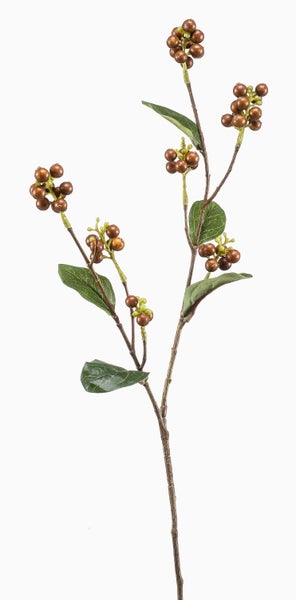 Künstlicher Beerenzweig mit braunen Beeren und grünen Blättern.