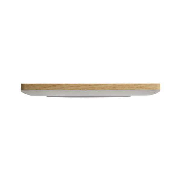 Flache LED Deckenleuchte in Holzoptik mit diffusem Lichtaustritt, Seitenansicht.