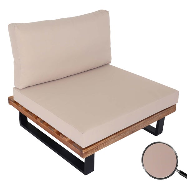 Lounge-Sessel-Modul mit Holzgestell, schwarzen Metallfüßen sowie Sitz- und Rückenkissen in Beige. Detailansicht der Stoffstruktur.
