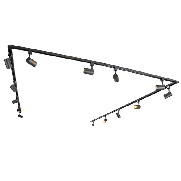 L-förmiges Schienenleuchtensystem mit mehreren verstellbaren LED-Strahlern in modernem Design zur Deckenmontage.