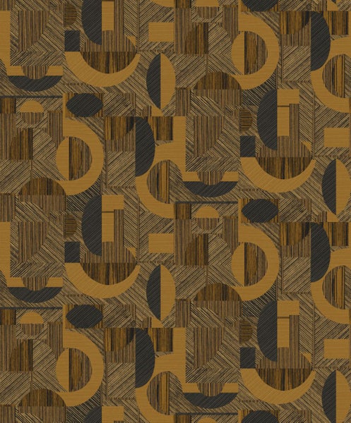 Szene mit geometrischer Tapete, Tisch, Lampe und Hocker