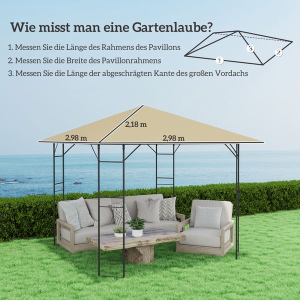Anleitung zum Ausmessen einer Gartenlaube mit Maßen von 2,98 mal 2,98 Metern und einer Schrägkante von 2,18 Metern.