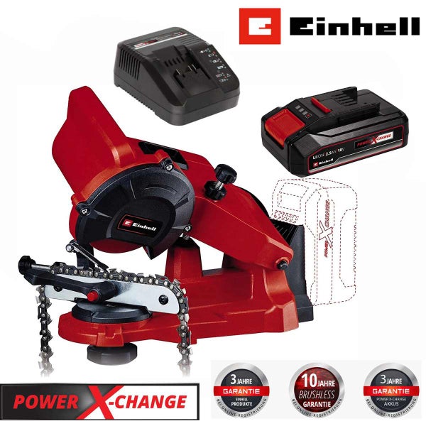 Einhell Akku Kettensägeschärfgerät mit Ladegerät und Power X Change Akku inklusive Einhell Logo und Garantiehinweisen