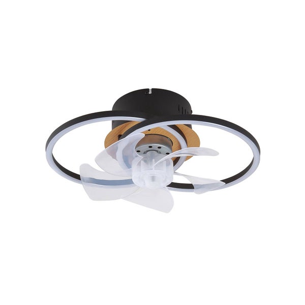 Moderner schwarzer Deckenventilator mit zwei Leuchtringen, Holzakzent und transparenten Flügeln.