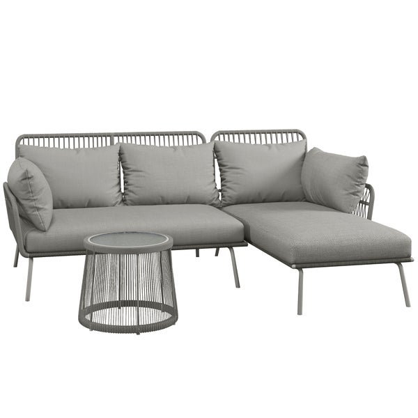 Outsunny 3 tlg. Rattan Gartenmöbel-Set, Sitzgruppe mit Kissen, Gartengarnitur mit 1 Beistelltisch, 1 Liegestuhl, 1 Doppelsofa, Sitzgarnitur für Garten, Terrasse, Stahl, Hellgrau