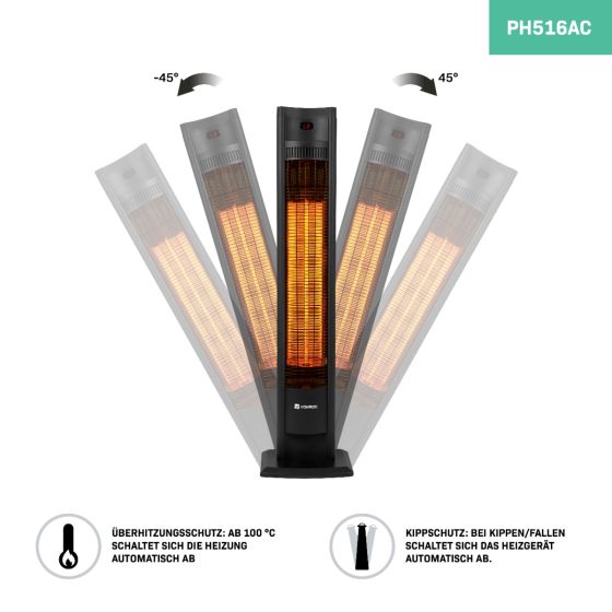 Elektrischer Turmheizstrahler mit Neigungsfunktion bis 45 Grad, Überhitzungsschutz und Kippschutz.