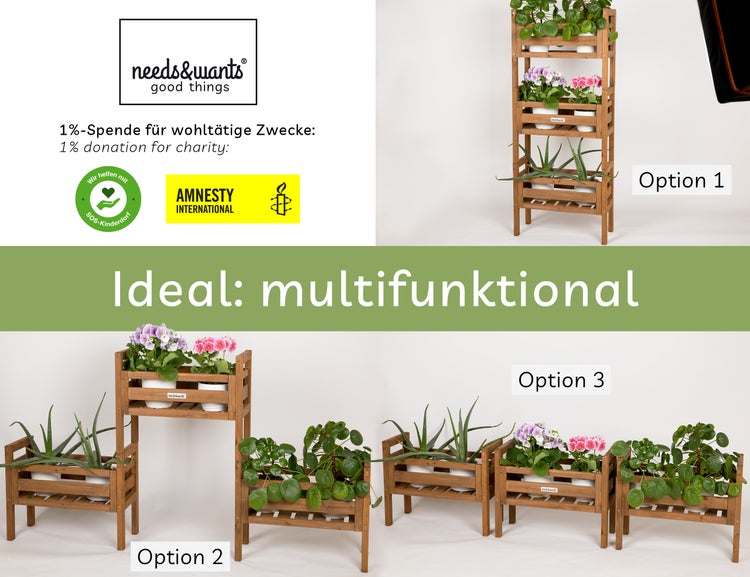 needs&wants® 3-fach multifunktional: Pflanzenständer Blumenständer aus Holz wetterfest für Indoor Outdoor Balkon Garten draußen innen Wand, Pflanzenregal Blumentreppe, z.B. 51 x 23 x 122 cm hoch, braun