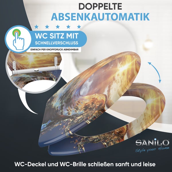 Toilettensitz Sanilo mit Wellen-Motiv, doppelter Absenkautomatik und Schnellverschluss per Knopfdruck. SANILO Logo.