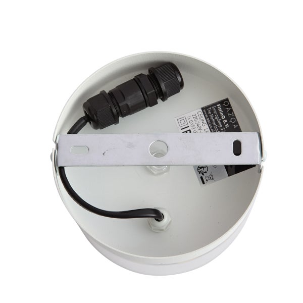 Rückansicht einer runden Lampenaufhängung von QAZQA mit Montagebügel und schwarzem Kabelanschluss.