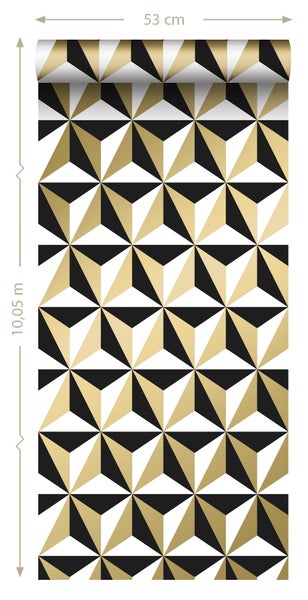 Tapetenrolle mit geometrischem Dreiecksdesign in Schwarz und Gold, 53 cm breit und 10,05 m lang