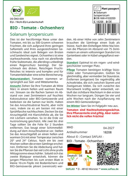 SAFLAX Geschenk Set - BIO - Tomate - Ochsenherz - Solanum lycopersicum - 10 Samen - Mit Geschenkbox, Versandaufkleber, Geschenkkarte und Anzuchtsubstrat