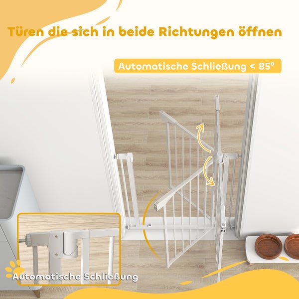 Weißes Türschutzgitter mit beidseitiger Öffnung und automatischer Schließung bei weniger als 85 Grad.
