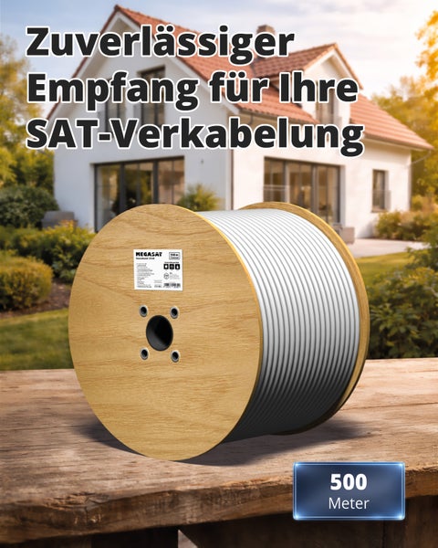 Megasat Koaxialkabel auf einer 500 Meter Kabeltrommel für die SAT Verkabelung vor einem Einfamilienhaus.
