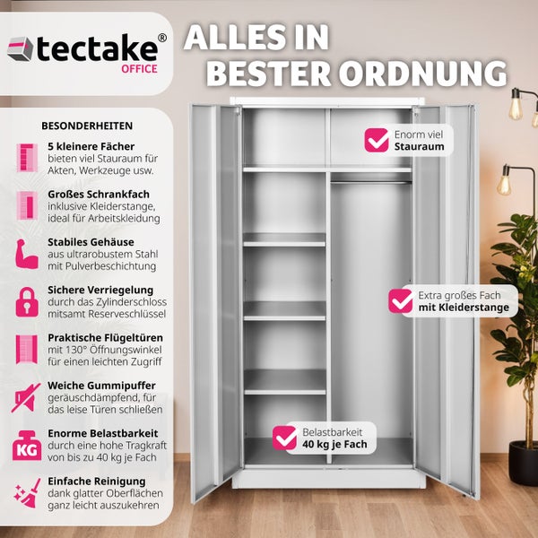 Spind tectake  180 x 80 x 40 cm aus pulverbeschichtetem Stahl grau