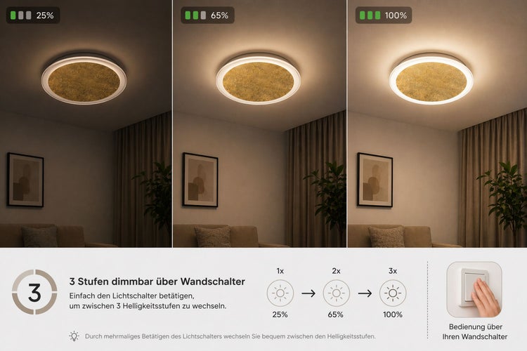 LED-Deckenleuchte rund, goldfarben, 3-stufig dimmbar über Wandschalter bei 25 Prozent, 65 Prozent und 100 Prozent Helligkeit.