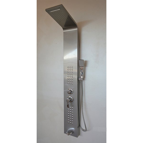 Duschpaneel aus Edelstahl mit integrierter Kopfbrause, Handbrause und Massagedüsen.