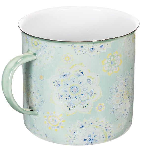 Mintgrüner Keramikbecher mit Henkel und floralem Mandala-Muster.
