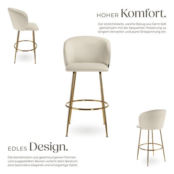 Barstuhl tectake Luana 51 x 60 x 106 cm, Belastbarkeit 120 kg in Samtoptik, gepolstert creme/gold