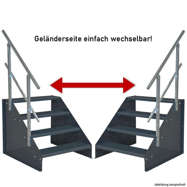 Stahltreppe mit vier Gitterroststufen und wechselseitig montierbarem Geländer für die linke oder rechte Seite.