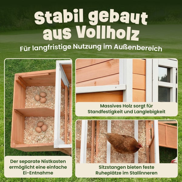 Hühnerstall aus Holz mit integriertem Auslauf, Legenest und zooprinz Logo in einem hellen, organisierten Garten mit Blumen und Hühnern.