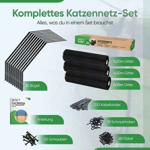 Komplettes Katzennetz-Set mit 25 Bügeln, 50 Meter Gitter, 250 Kabelbindern, Schrauben, Haken, Dübeln und Anleitung von SPÖT.