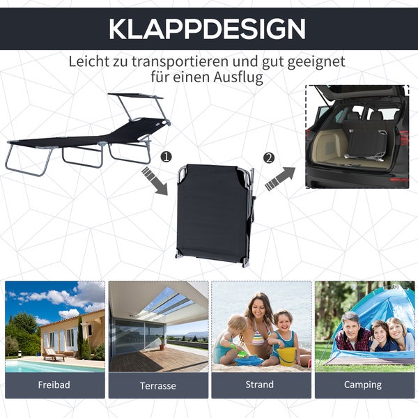 Outsunny Sonnenliege, klappbar, mit Sonnenschutz, 187 x 58 x 36 cm, Metall, Oxford-Gewebe, Schwarz