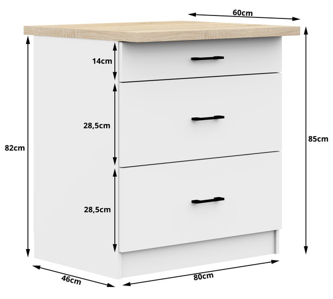 Kommode mit drei Schubladen und Größenangaben