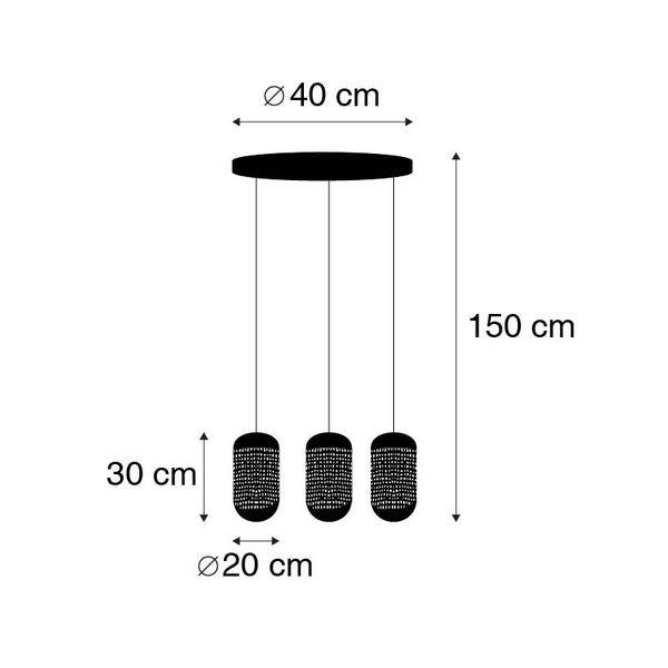 Technische Zeichnung einer Pendelleuchte mit drei Leuchten und den Maßen Durchmesser 40 cm, 150 cm Höhe, Durchmesser 20 cm und 30 cm Höhe